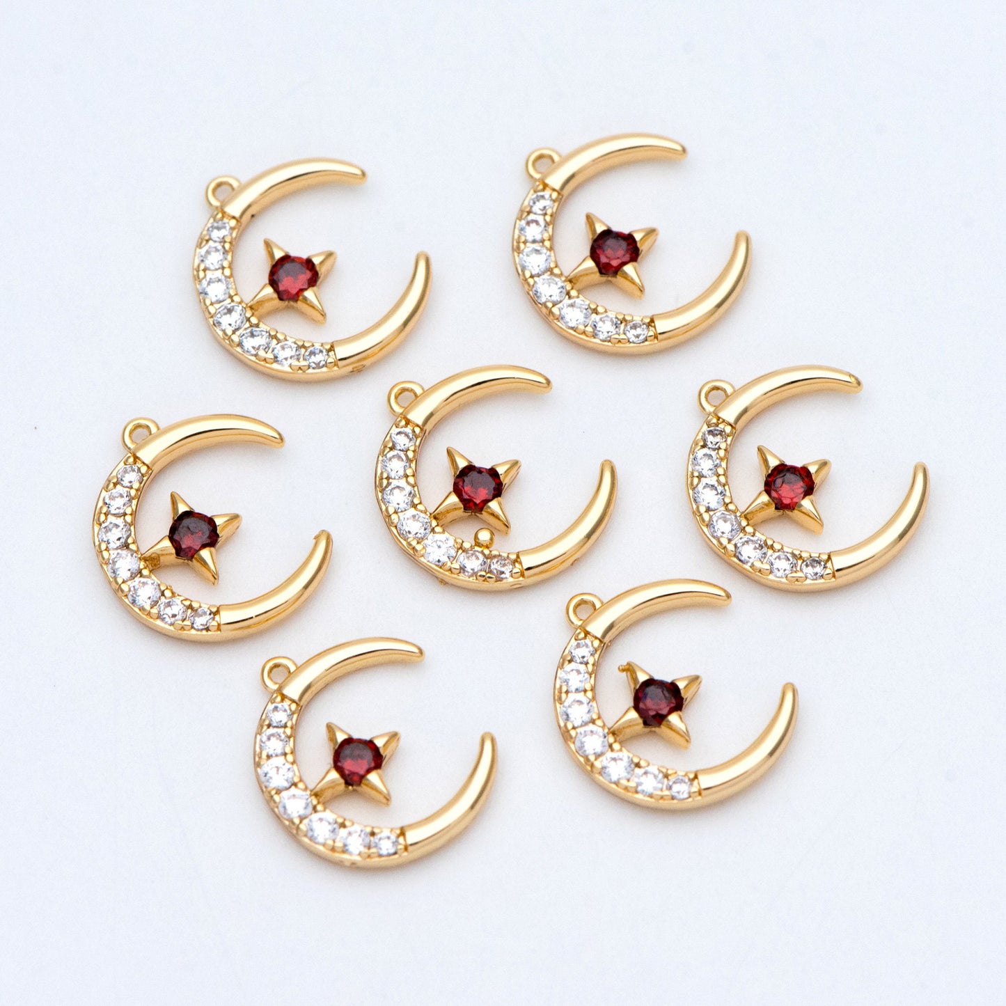 10pcs CZ Pave Moon Star Charms 14x11mm, 18K Gold plated Brass, Clear and Red (GB-832-1)