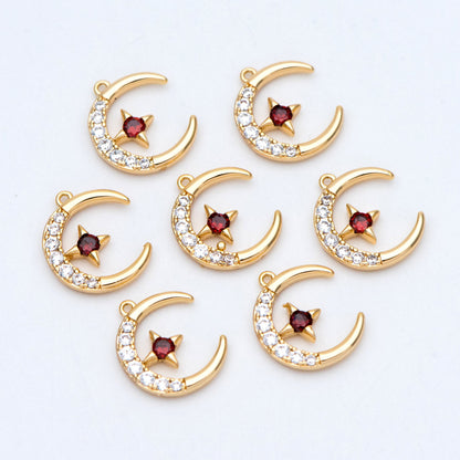 10pcs CZ Pave Moon Star Charms 14x11mm, 18K Gold plated Brass, Clear and Red (GB-832-1)