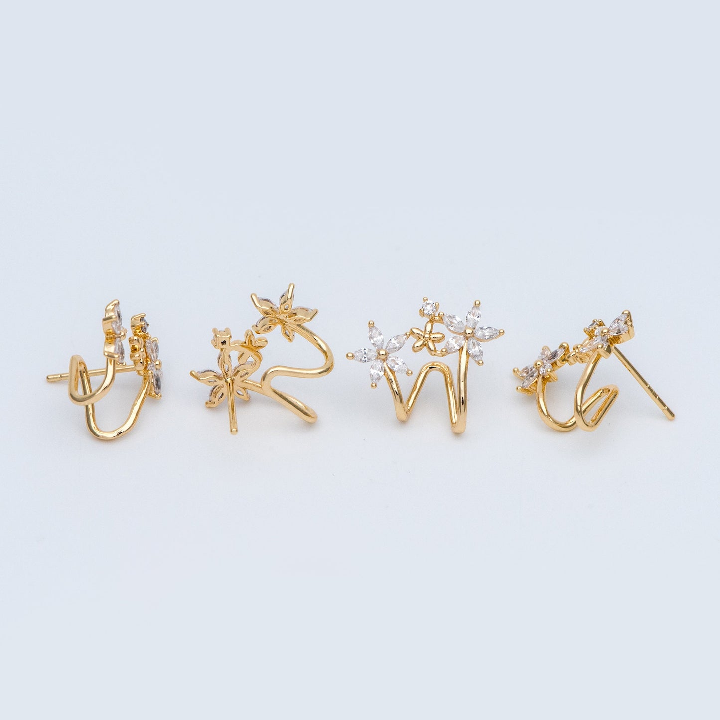 4pcs Flower Ear Cuff Studs, 18K Gold plated Brass, CZ pave Ear Climbers, Floral Ear Crawlers, Wrap Statement Earrings (#GB-773)