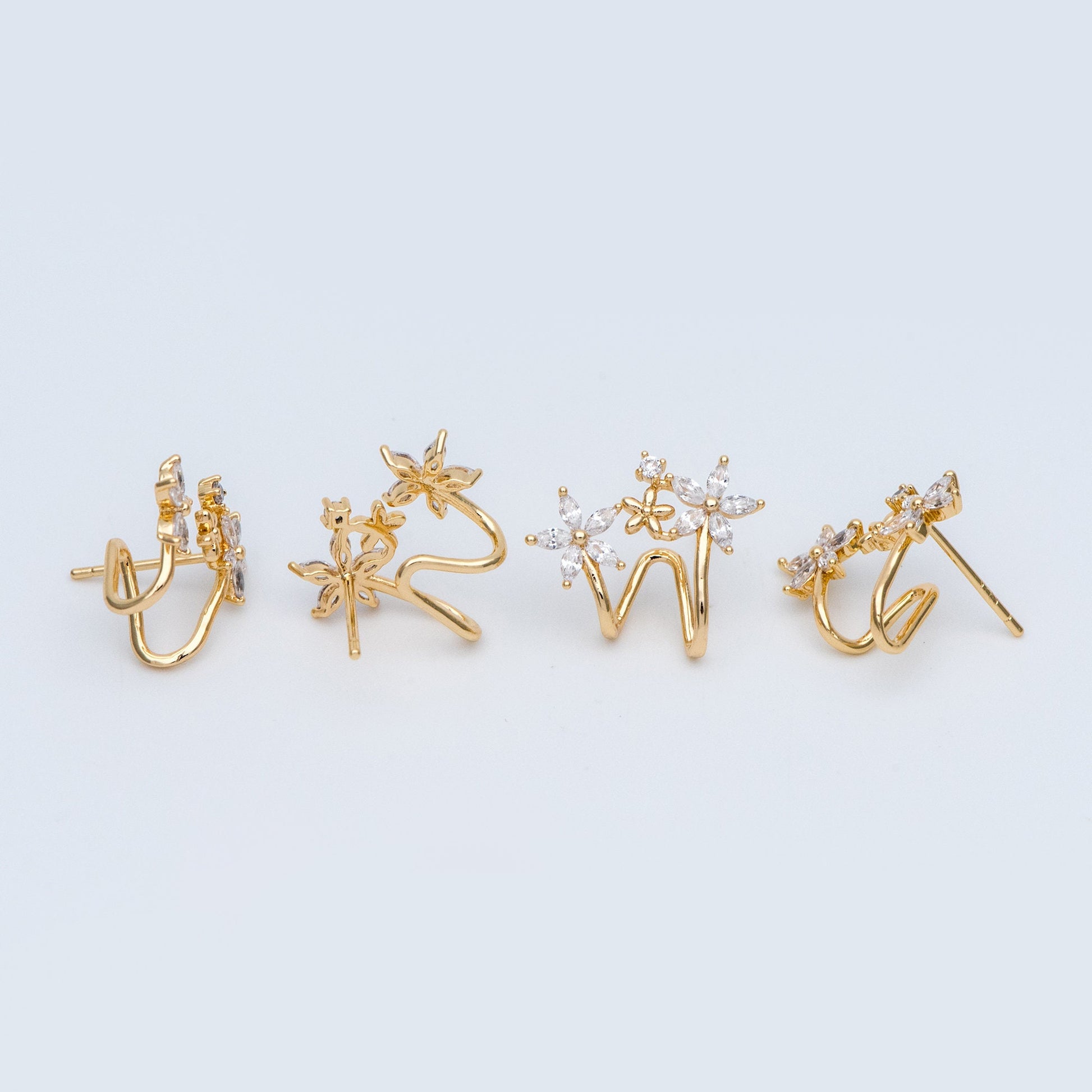 4pcs Flower Ear Cuff Studs, 18K Gold plated Brass, CZ pave Ear Climbers, Floral Ear Crawlers, Wrap Statement Earrings (#GB-773)