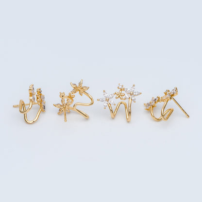 4pcs Flower Ear Cuff Studs, 18K Gold plated Brass, CZ pave Ear Climbers, Floral Ear Crawlers, Wrap Statement Earrings (#GB-773)