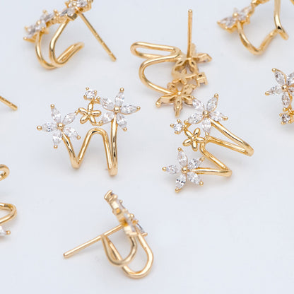 4pcs Flower Ear Cuff Studs, 18K Gold plated Brass, CZ pave Ear Climbers, Floral Ear Crawlers, Wrap Statement Earrings (#GB-773)