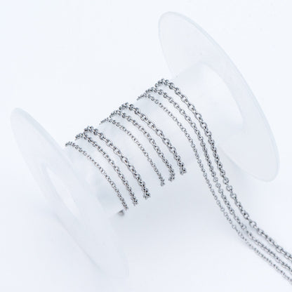 Stainless Steel Oval Cable Chains, Silver tone Dainty Chain 1.3/ 1.6/ 2mm, Color Not Tarnish (#LK-292)/ 1 Meter=3.3 ft
