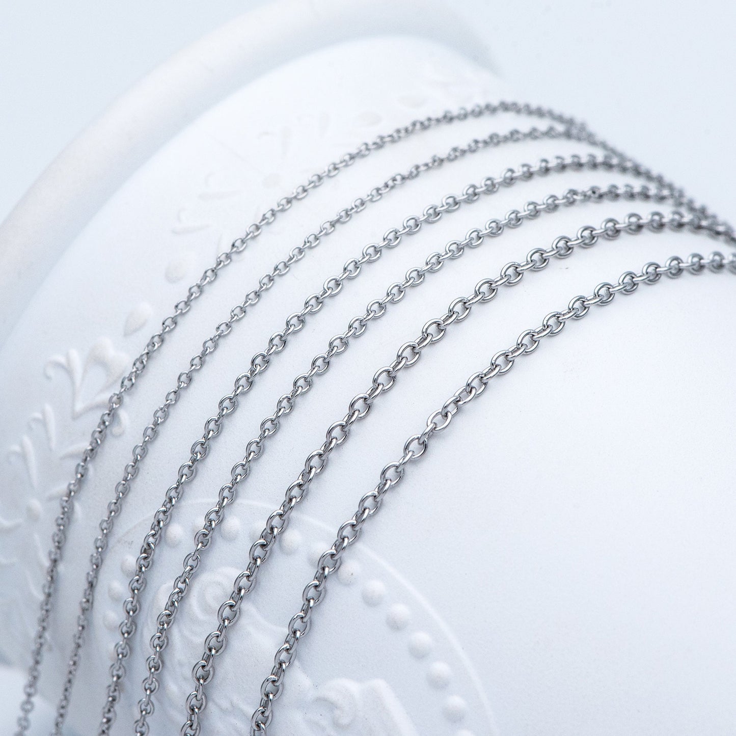 Stainless Steel Oval Cable Chains, Silver tone Dainty Chain 1.3/ 1.6/ 2mm, Color Not Tarnish (#LK-292)/ 1 Meter=3.3 ft