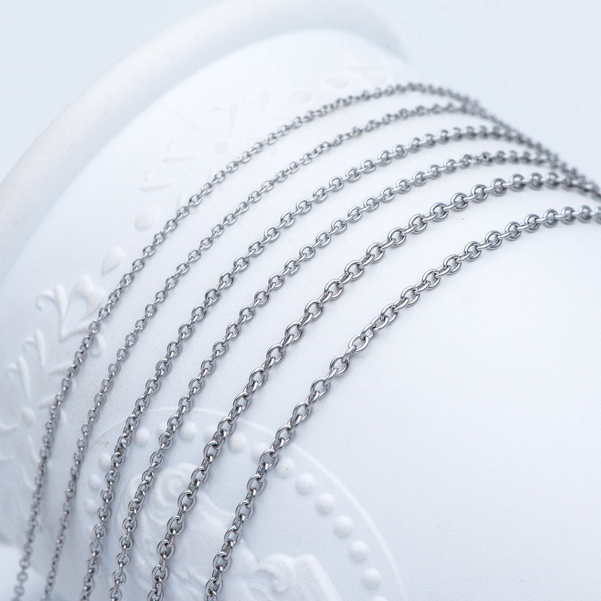 Stainless Steel Oval Cable Chains, Silver tone Dainty Chain 1.3/ 1.6/ 2mm, Color Not Tarnish (#LK-292)/ 1 Meter=3.3 ft