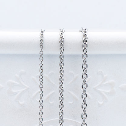 Stainless Steel Oval Cable Chains, Silver tone Dainty Chain 1.3/ 1.6/ 2mm, Color Not Tarnish (#LK-292)/ 1 Meter=3.3 ft