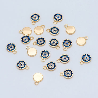 4pcs CZ Pave Gold Disc Charms 7x10mm, Evil Eye Coin Pendants (GB-1819-A)