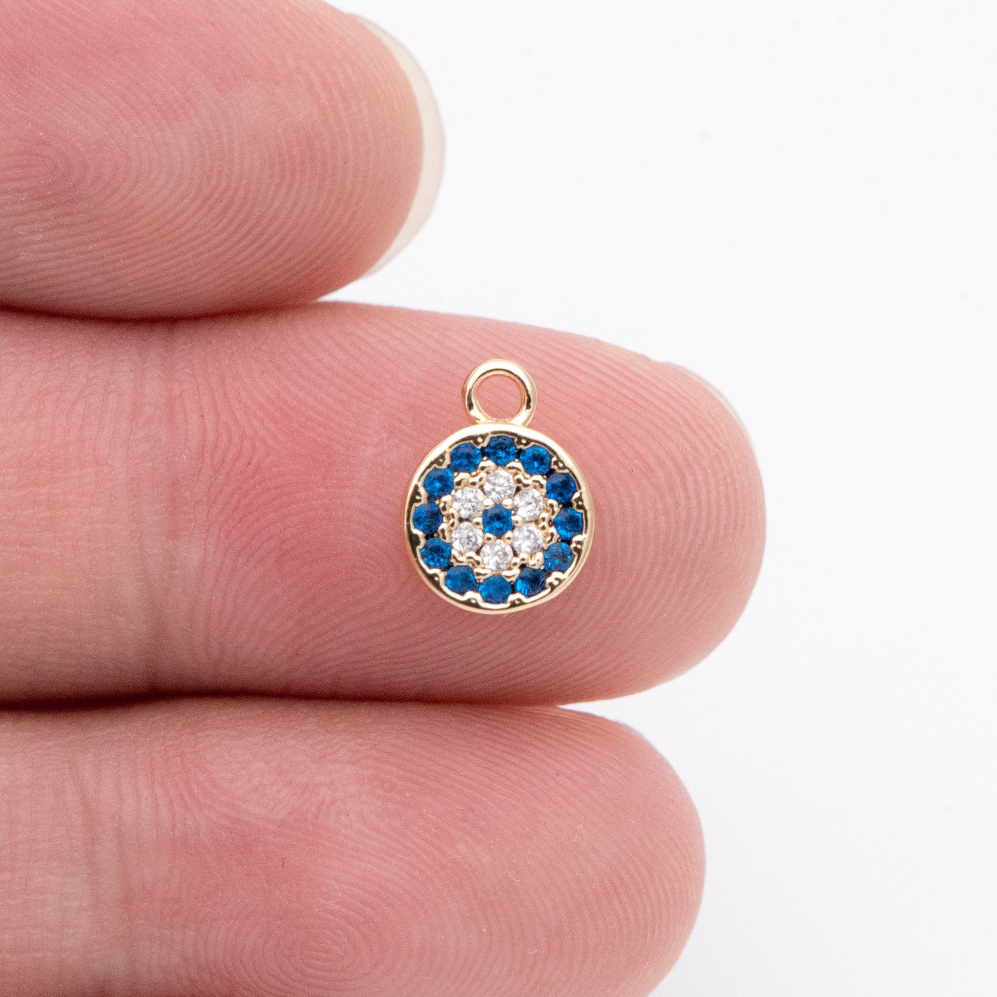 4pcs CZ Pave Gold Disc Charms 7x10mm, Evil Eye Coin Pendants (GB-1819-A)