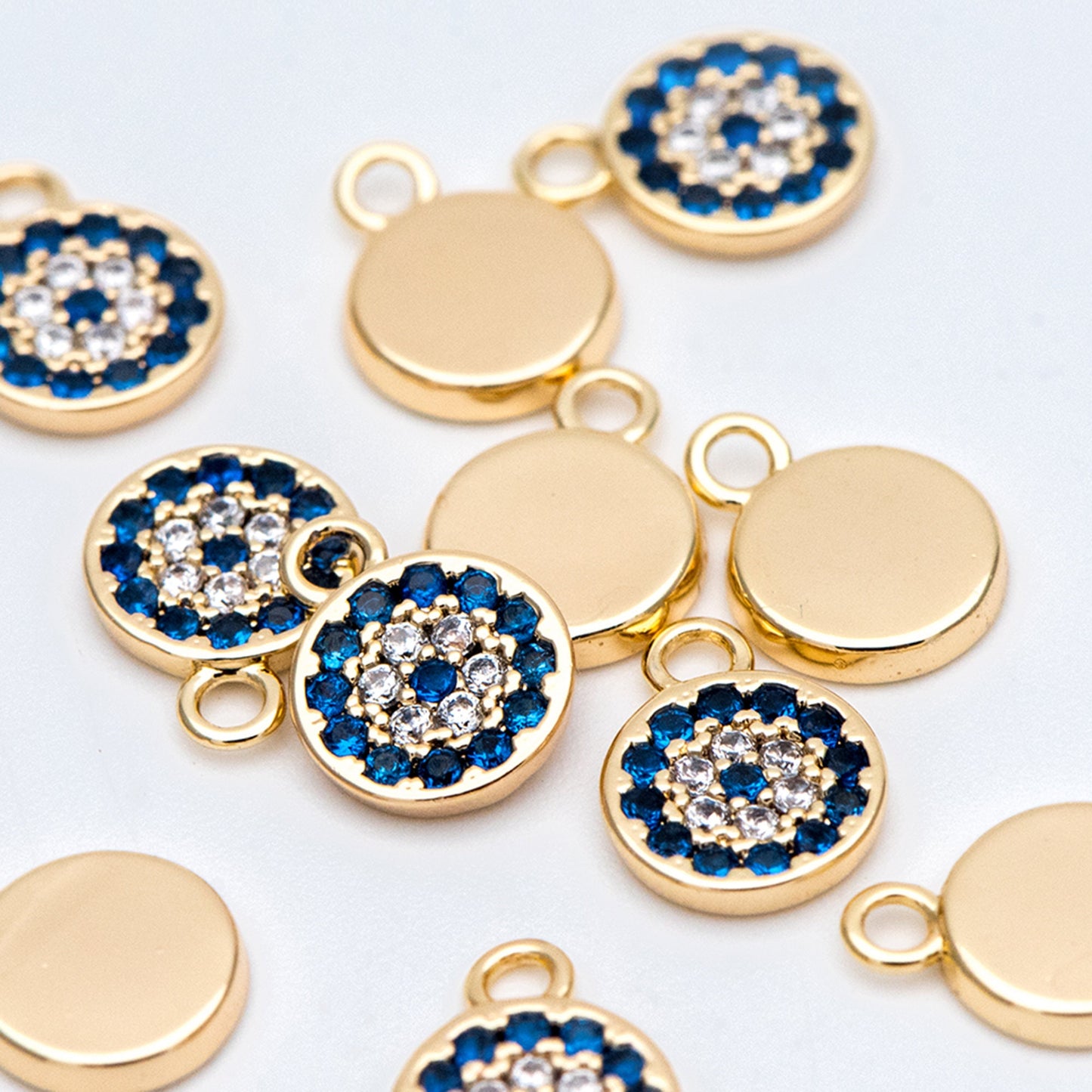 4pcs CZ Pave Gold Disc Charms 7x10mm, Evil Eye Coin Pendants (GB-1819-A)