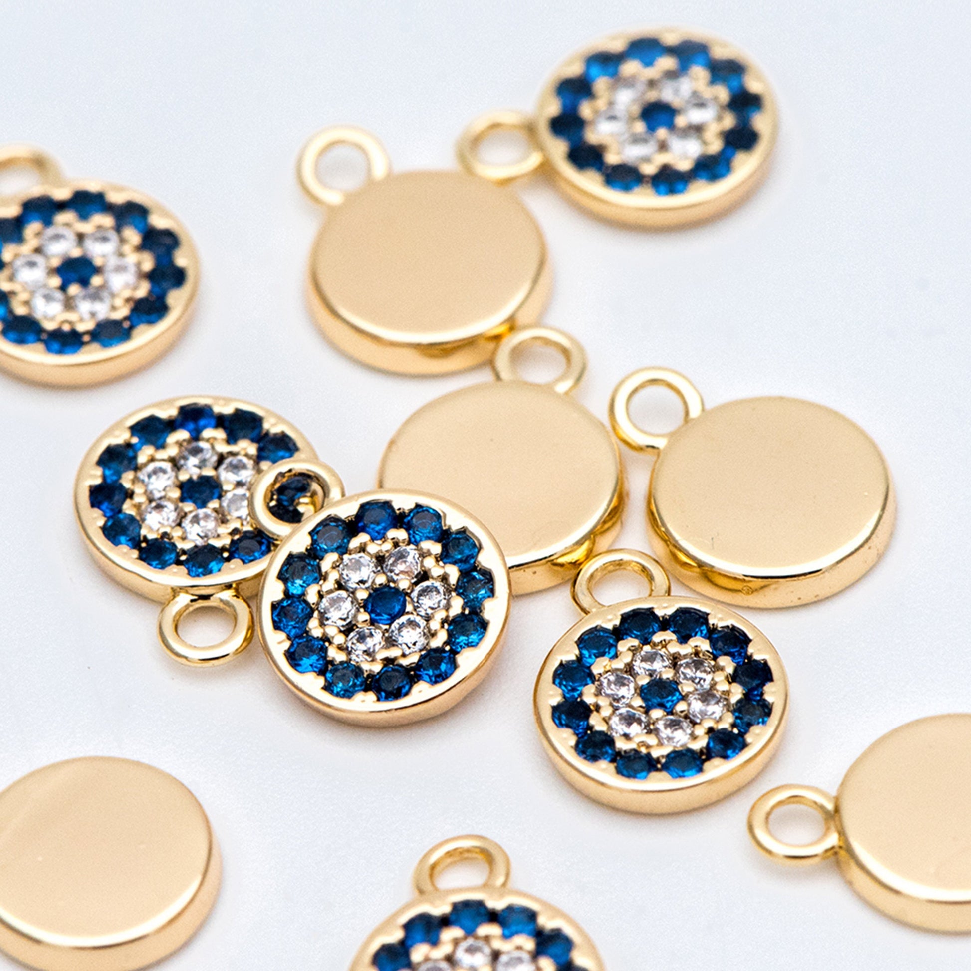 4pcs CZ Pave Gold Disc Charms 7x10mm, Evil Eye Coin Pendants (GB-1819-A)