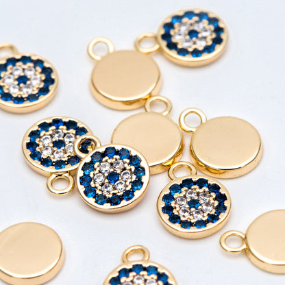 4pcs CZ Pave Gold Disc Charms 7x10mm, Evil Eye Coin Pendants (GB-1819-A)