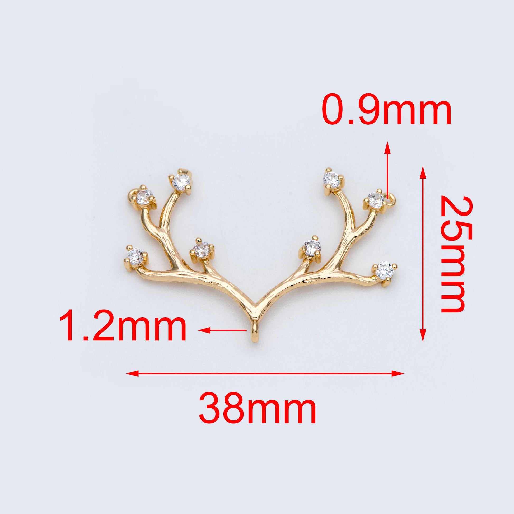 4pcs CZ Pave Gold Antler Pendants 36x22mm, 18K Gold plated Brass, Buckhorn Charm Connectors, Include 3 Loops (GB-427-D)