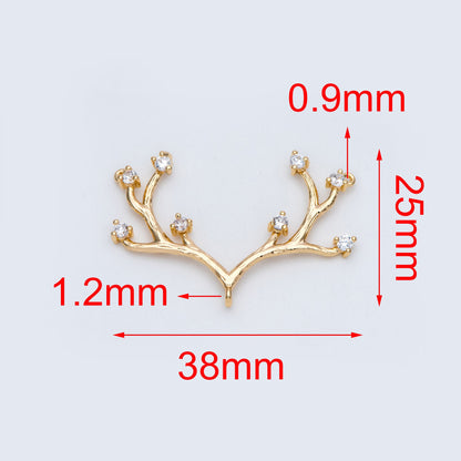 4pcs CZ Pave Gold Antler Pendants 36x22mm, 18K Gold plated Brass, Buckhorn Charm Connectors, Include 3 Loops (GB-427-D)