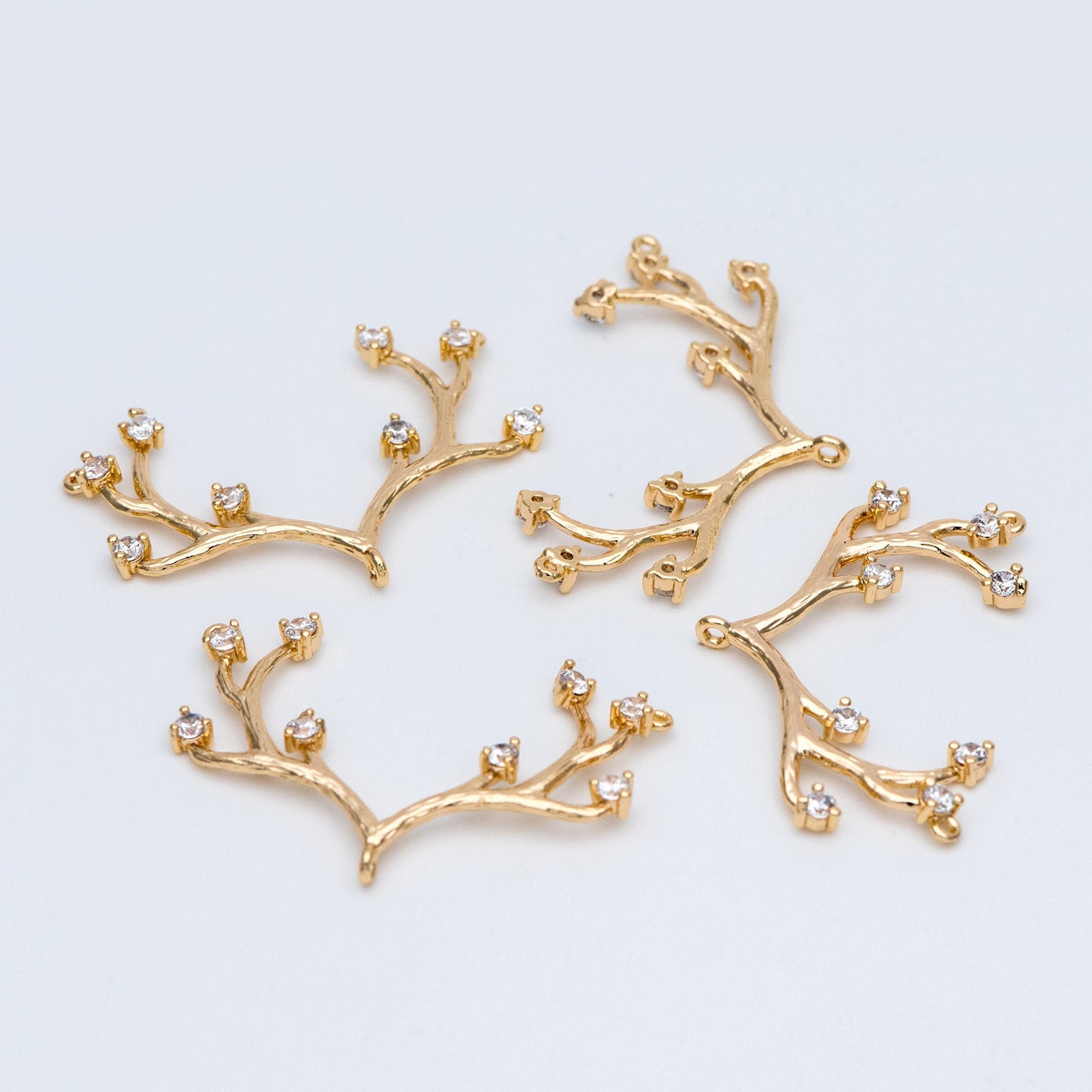 4pcs CZ Pave Gold Antler Pendants 36x22mm, 18K Gold plated Brass, Buckhorn Charm Connectors, Include 3 Loops (GB-427-D)