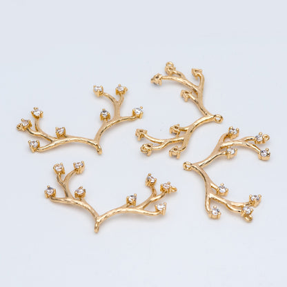 4pcs CZ Pave Gold Antler Pendants 36x22mm, 18K Gold plated Brass, Buckhorn Charm Connectors, Include 3 Loops (GB-427-D)