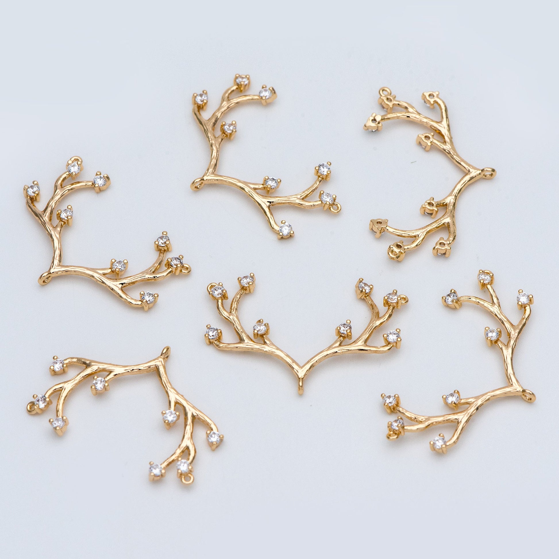 4pcs CZ Pave Gold Antler Pendants 36x22mm, 18K Gold plated Brass, Buckhorn Charm Connectors, Include 3 Loops (GB-427-D)