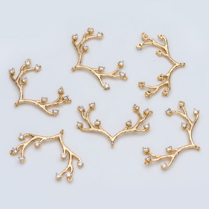4pcs CZ Pave Gold Antler Pendants 36x22mm, 18K Gold plated Brass, Buckhorn Charm Connectors, Include 3 Loops (GB-427-D)