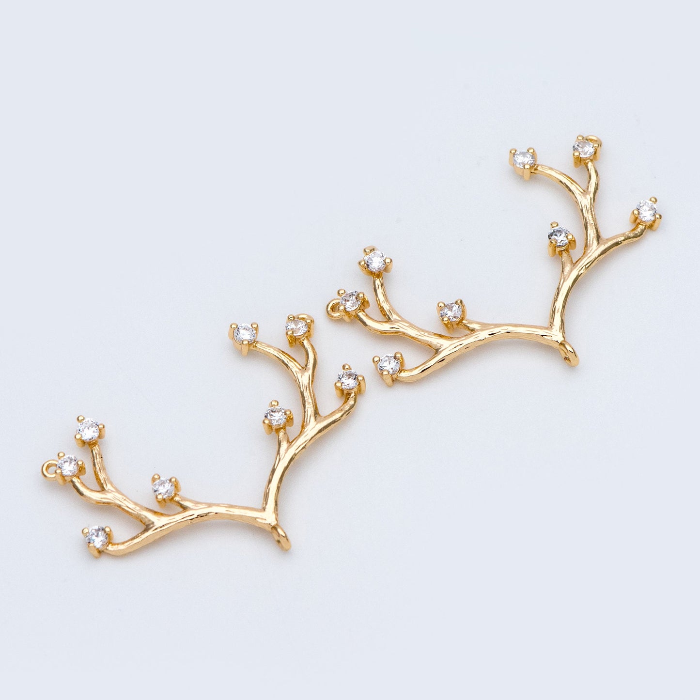 4pcs CZ Pave Gold Antler Pendants 36x22mm, 18K Gold plated Brass, Buckhorn Charm Connectors, Include 3 Loops (GB-427-D)