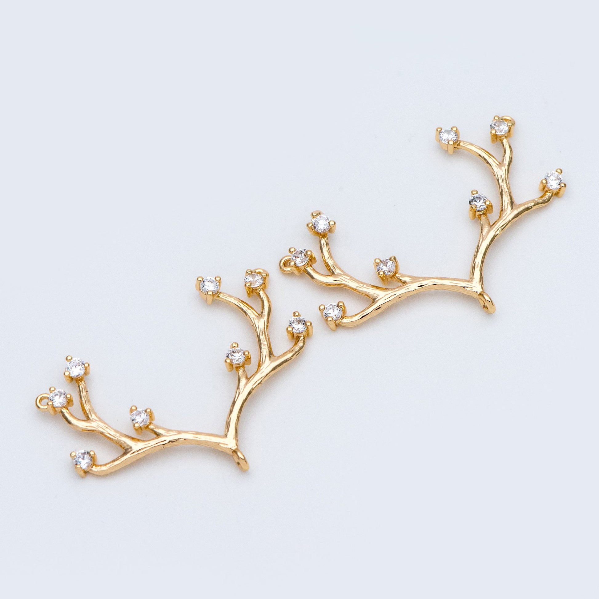 4pcs CZ Pave Gold Antler Pendants 36x22mm, 18K Gold plated Brass, Buckhorn Charm Connectors, Include 3 Loops (GB-427-D)