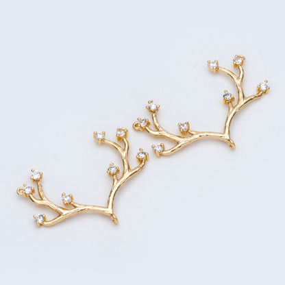 4pcs CZ Pave Gold Antler Pendants 36x22mm, 18K Gold plated Brass, Buckhorn Charm Connectors, Include 3 Loops (GB-427-D)
