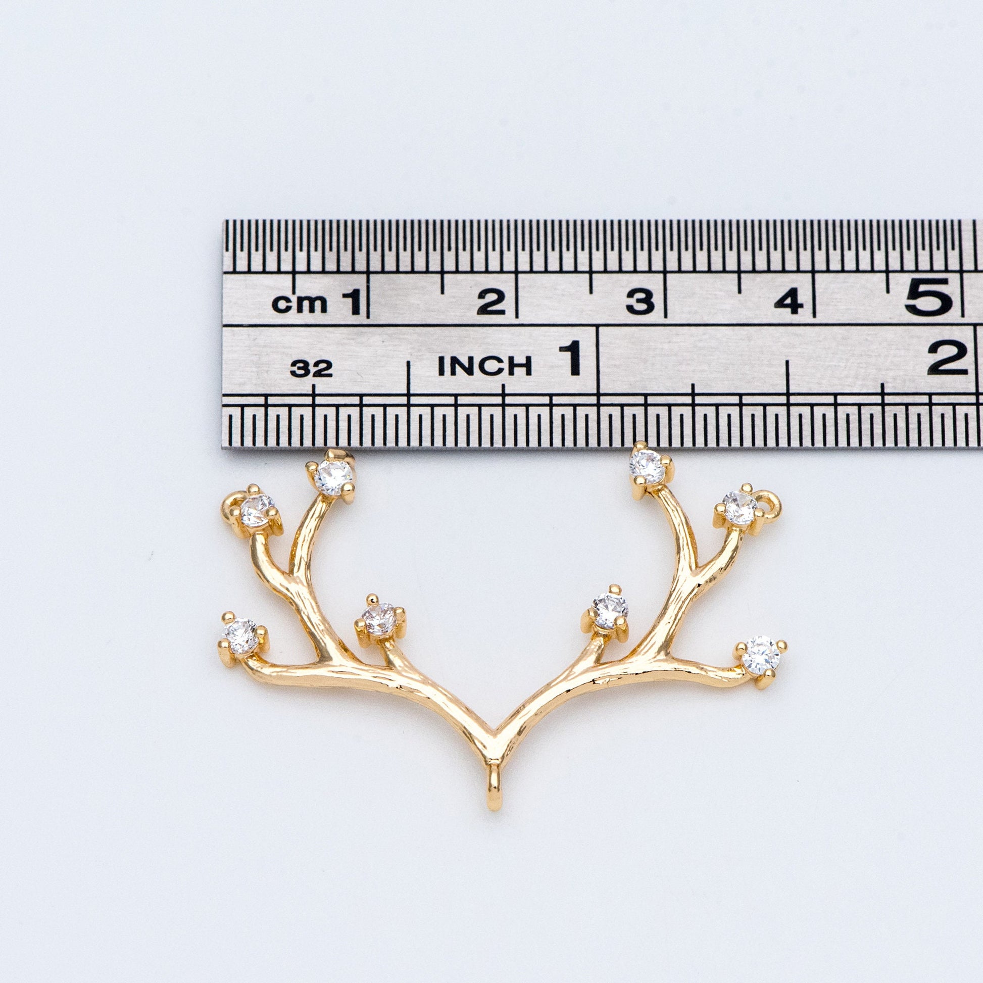 4pcs CZ Pave Gold Antler Pendants 36x22mm, 18K Gold plated Brass, Buckhorn Charm Connectors, Include 3 Loops (GB-427-D)