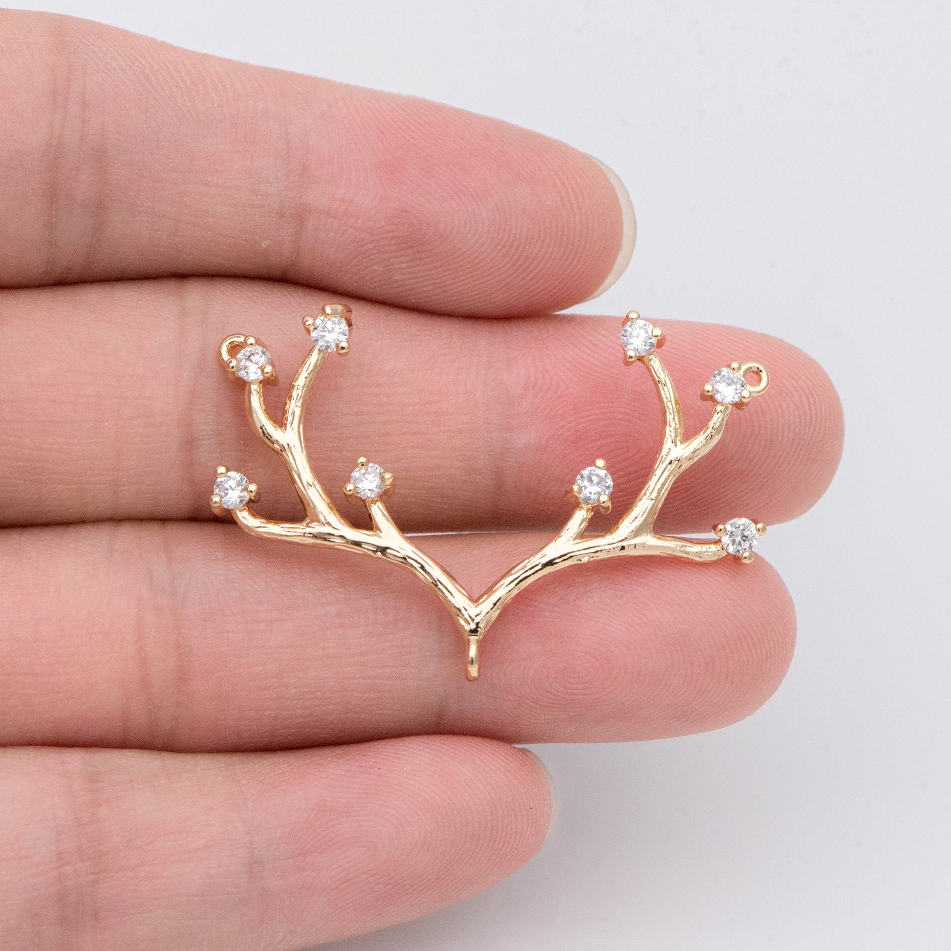 4pcs CZ Pave Gold Antler Pendants 36x22mm, 18K Gold plated Brass, Buckhorn Charm Connectors, Include 3 Loops (GB-427-D)