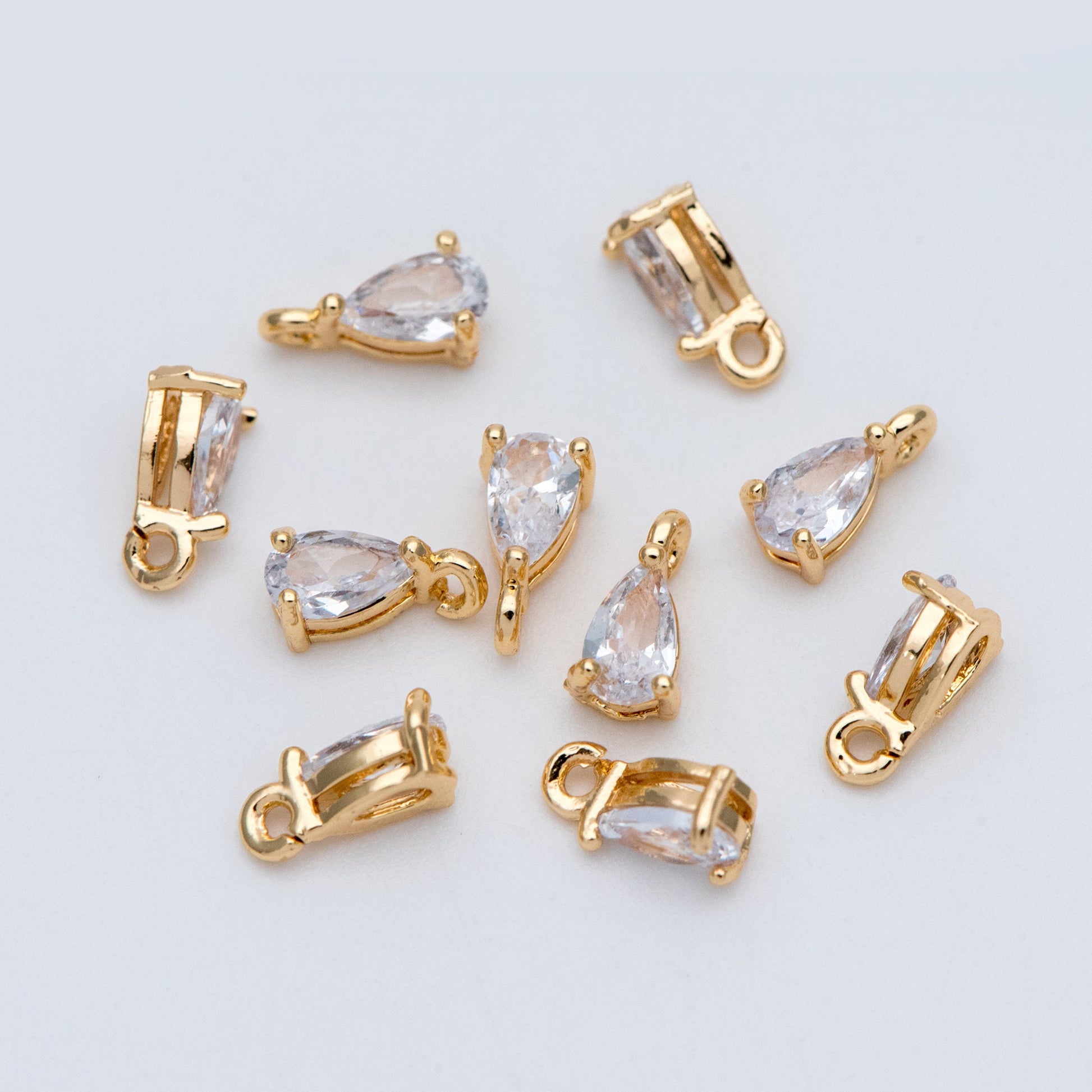 10pcs CZ pave Gold Teardrop Charms 7x4mm, Gold Plated Brass Drop Pendants (GB-4582-D1)