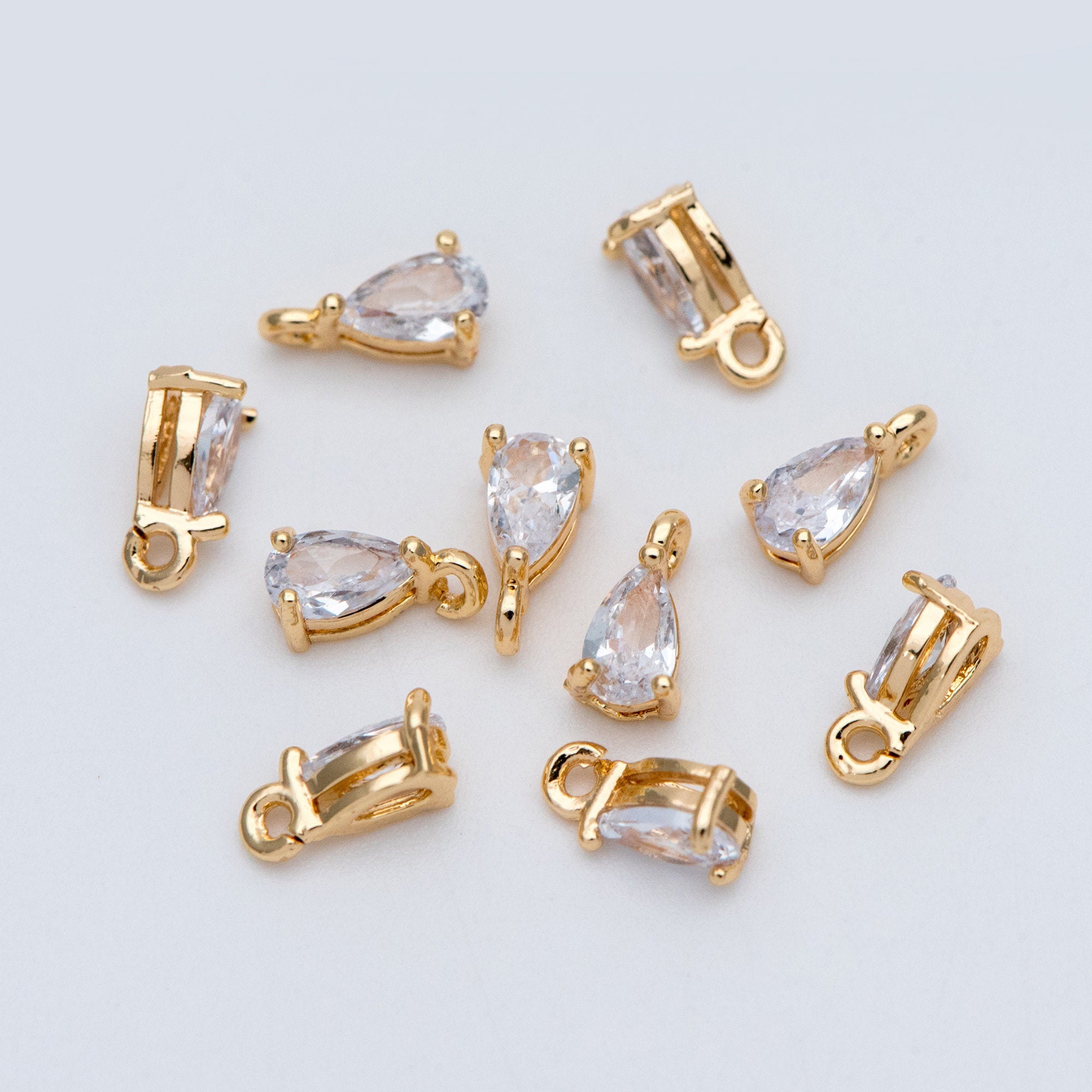 10pcs CZ pave Gold Teardrop Charms 7x4mm, Gold Plated Brass Drop Pendants (GB-4582-D1)