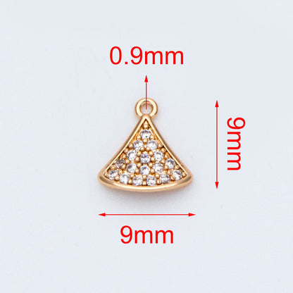 4pcs CZ Pave Gold Fan Shaped Charm Connectors 9mm, 18K Gold plated on Brass (GB-735)