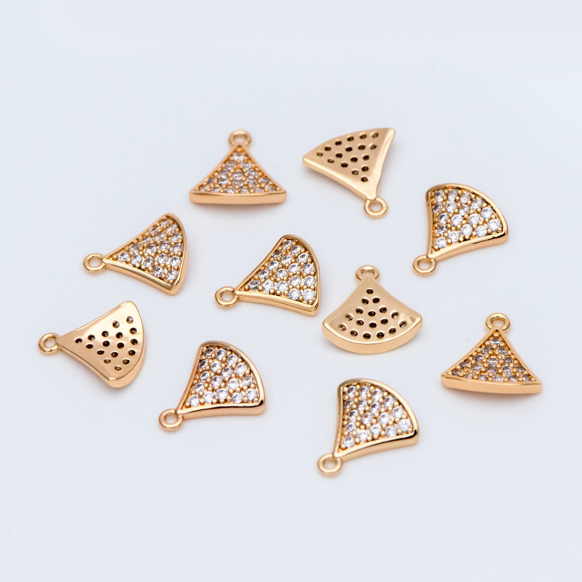 4pcs CZ Pave Gold Fan Shaped Charm Connectors 9mm, 18K Gold plated on Brass (GB-735)