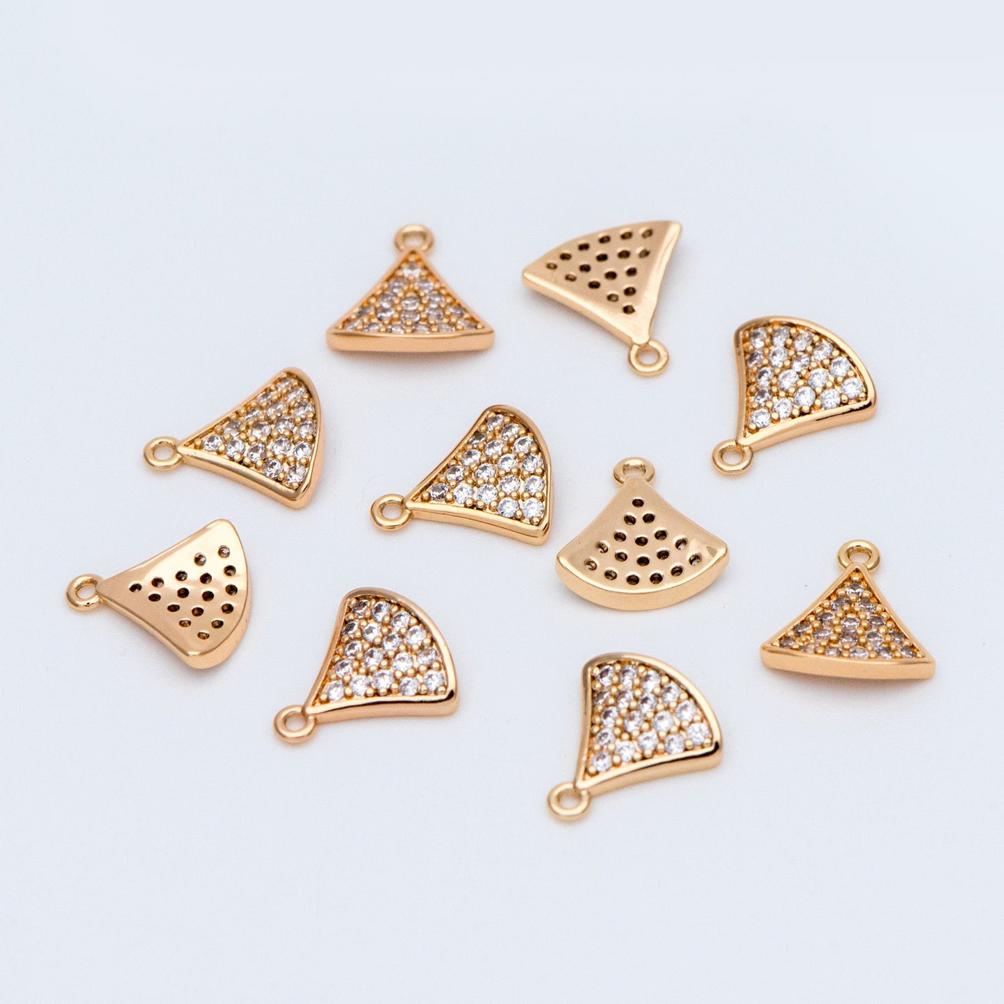 4pcs CZ Pave Gold Fan Shaped Charm Connectors 9mm, 18K Gold plated on Brass (GB-160-A)