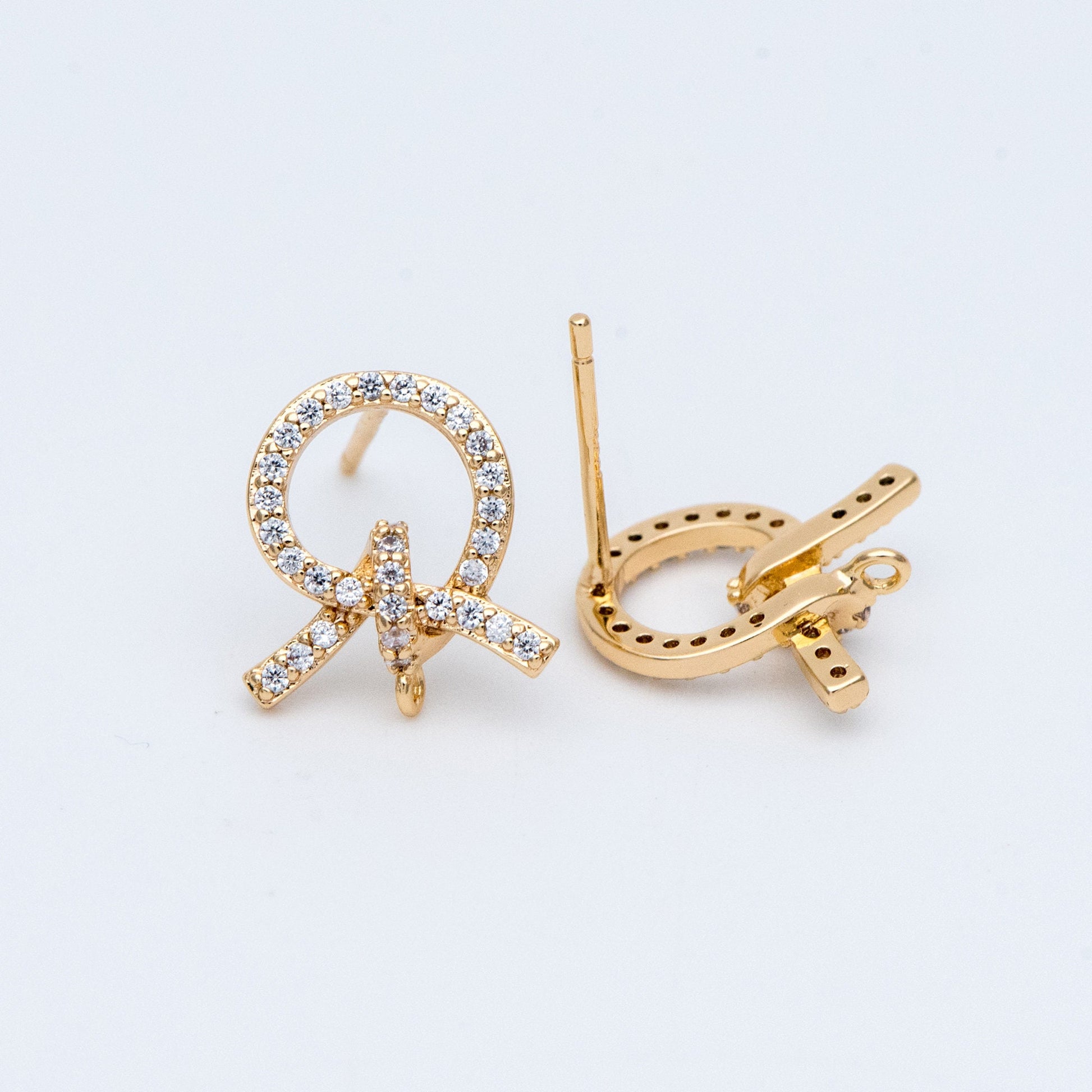 4pcs CZ Pave Gold Ear Post, Bowknot Stud Earring with Loop (#GB-747)