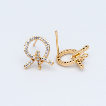 4pcs CZ Pave Gold Ear Post, Bowknot Stud Earring with Loop (#GB-747)