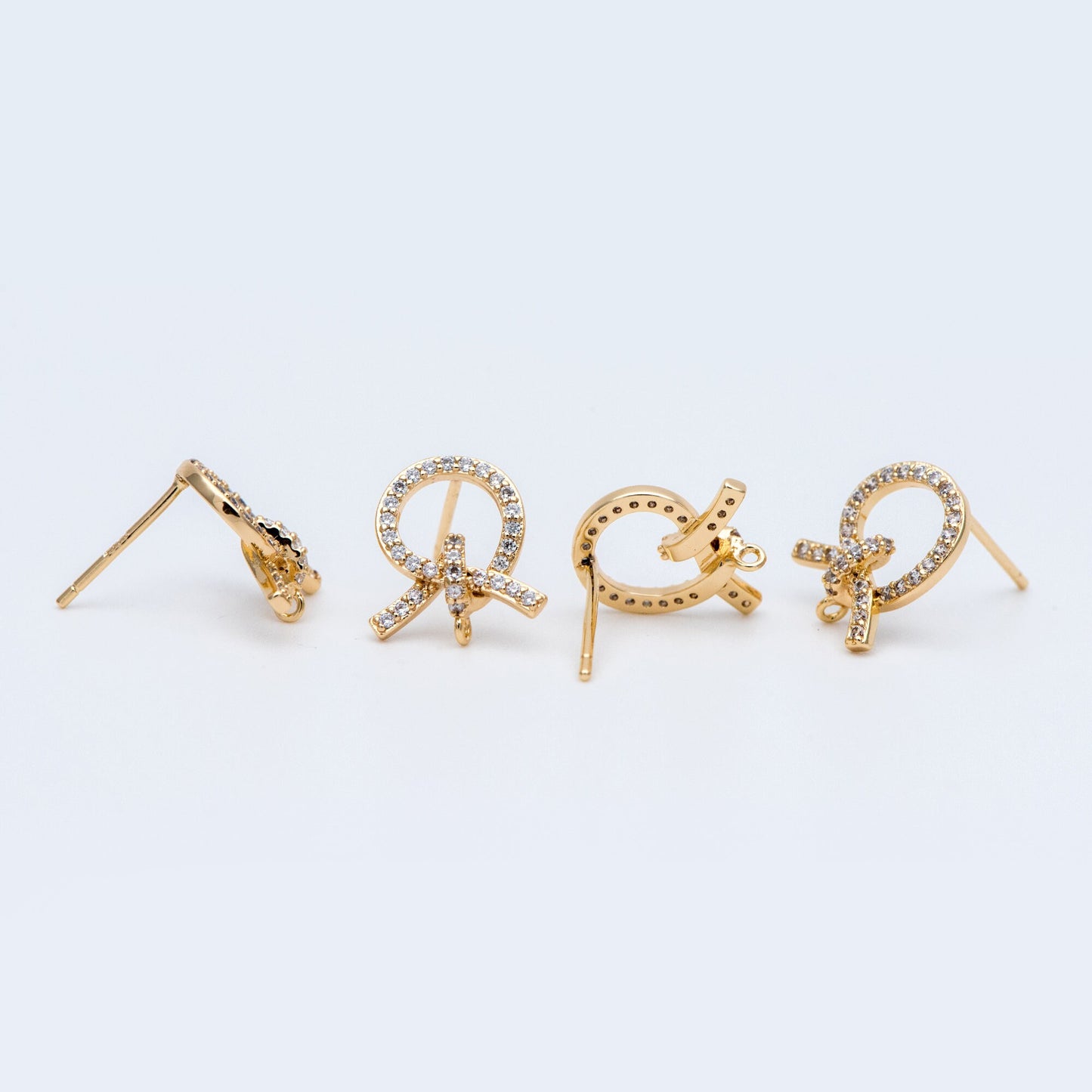 4pcs CZ Pave Gold Ear Post, Bowknot Stud Earring with Loop (#GB-747)