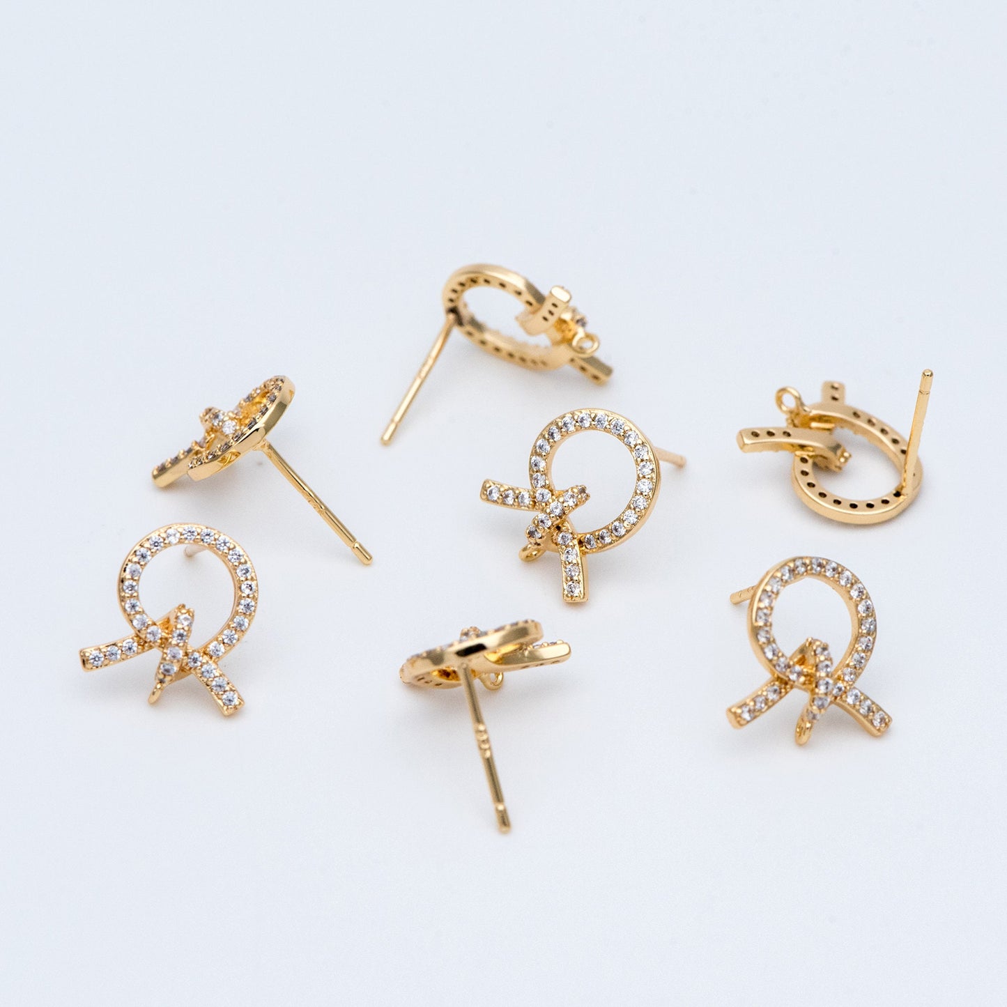 4pcs CZ Pave Gold Ear Post, Bowknot Stud Earring with Loop (#GB-747)