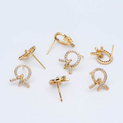 4pcs CZ Pave Gold Ear Post, Bowknot Stud Earring with Loop (#GB-747)