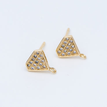10pcs CZ pave Stud Earrings with Loop 9x6mm, Gold plated Brass "Diamond" Ear Posts (#GB-770)