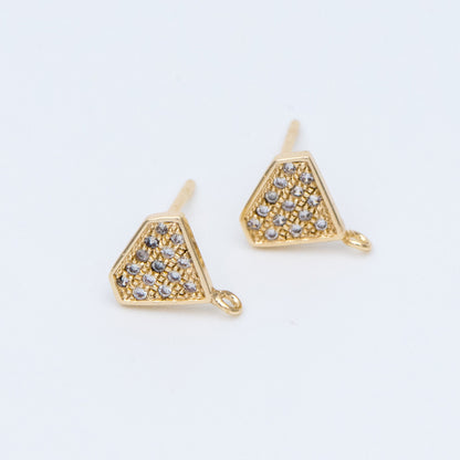 10pcs CZ pave Stud Earrings with Loop 9x6mm, Gold plated Brass "Diamond" Ear Posts (#GB-770)