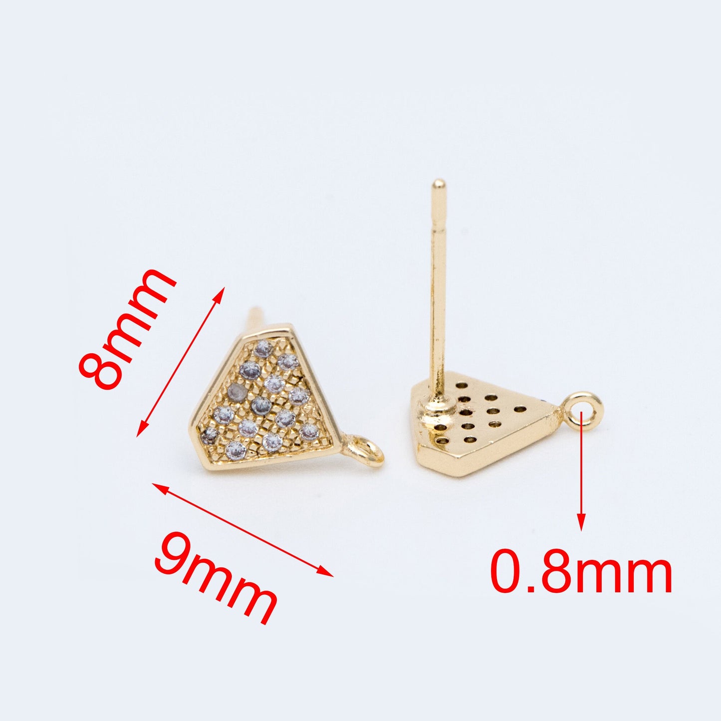10pcs CZ pave Stud Earrings with Loop 9x6mm, Gold plated Brass "Diamond" Ear Posts (#GB-770)