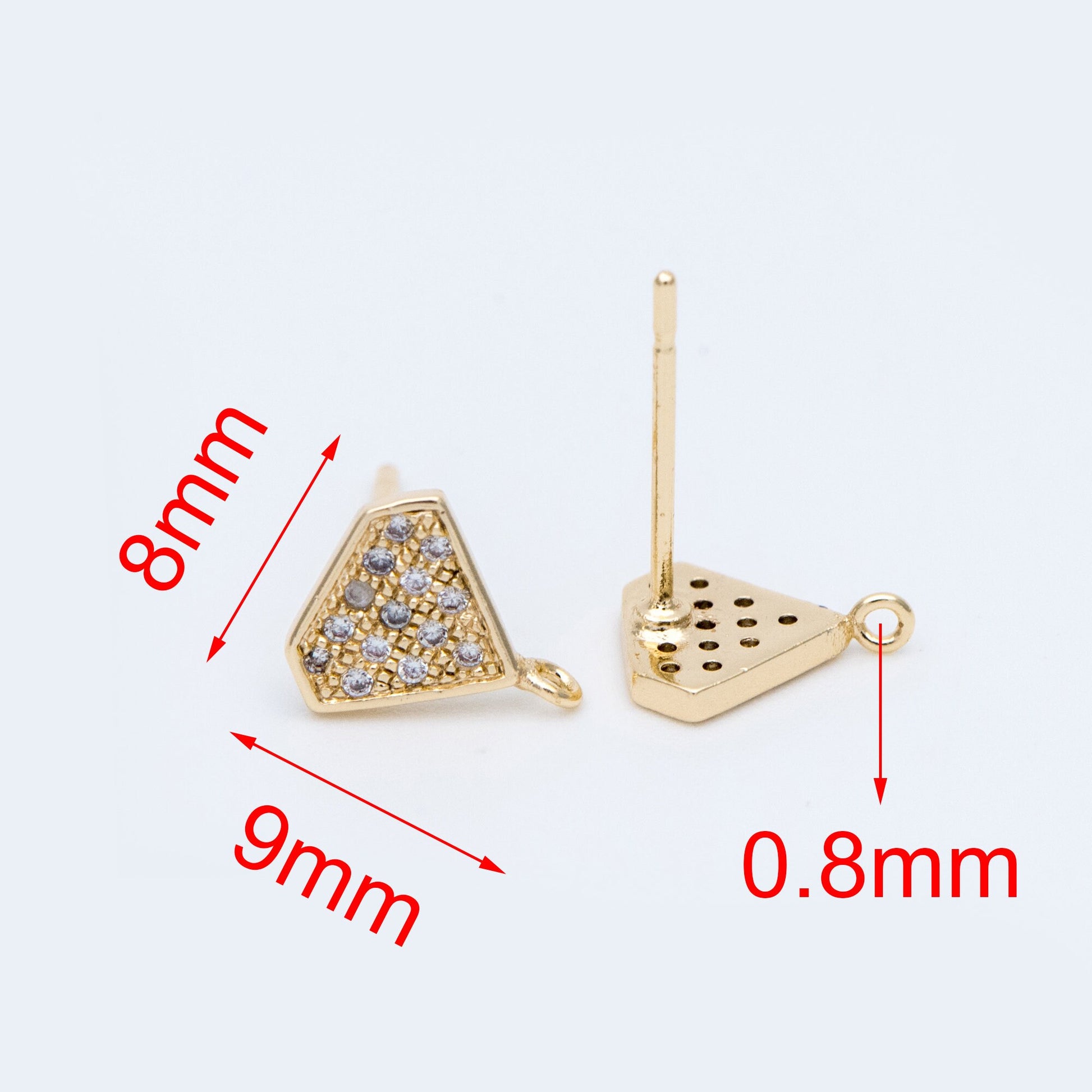 10pcs CZ pave Stud Earrings with Loop 9x6mm, Gold plated Brass "Diamond" Ear Posts (#GB-770)