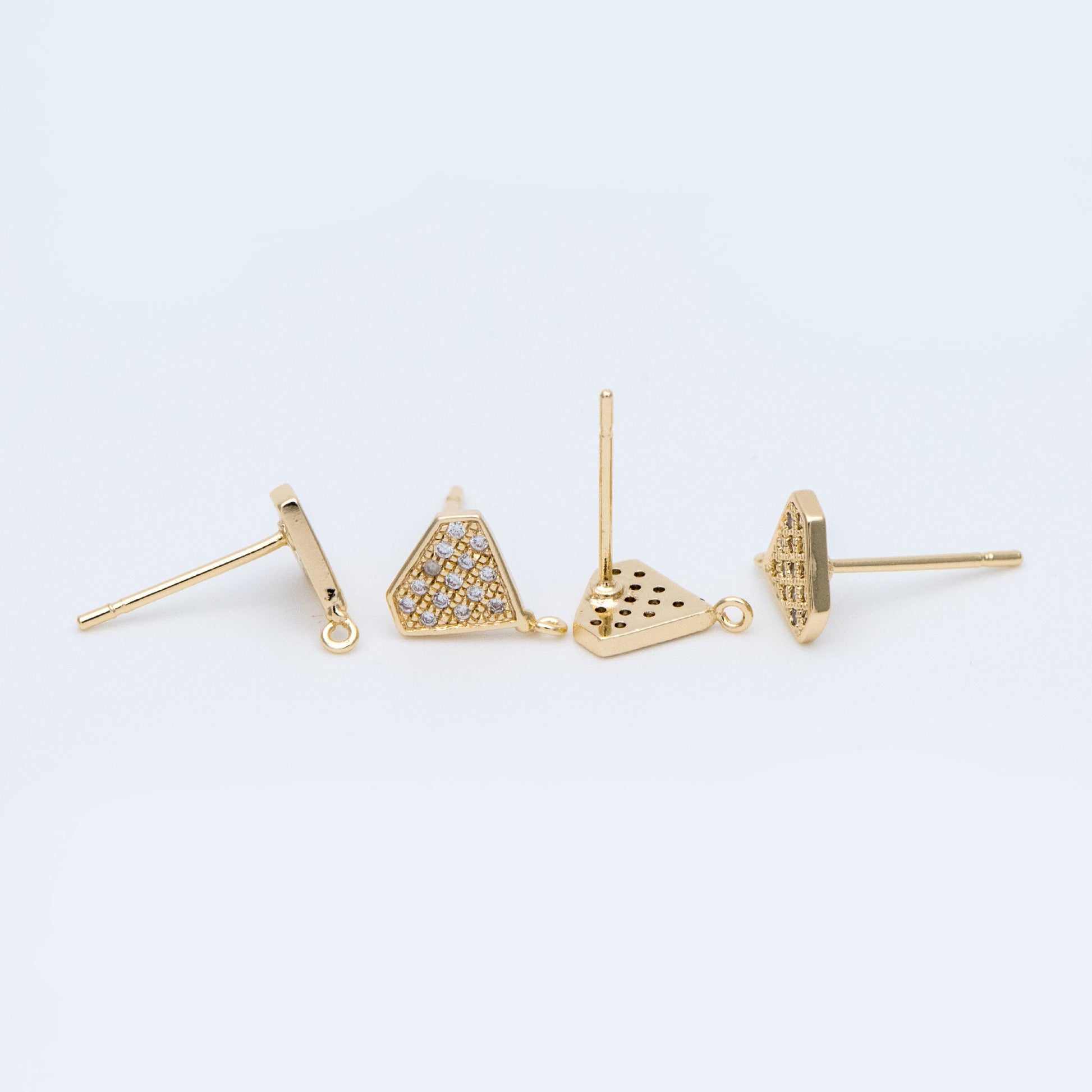 10pcs CZ pave Stud Earrings with Loop 9x6mm, Gold plated Brass "Diamond" Ear Posts (#GB-770)