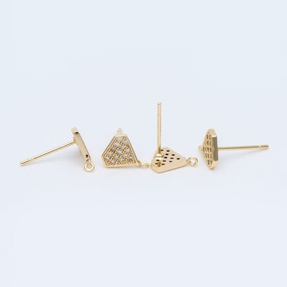 10pcs CZ pave Stud Earrings with Loop 9x6mm, Gold plated Brass "Diamond" Ear Posts (#GB-770)