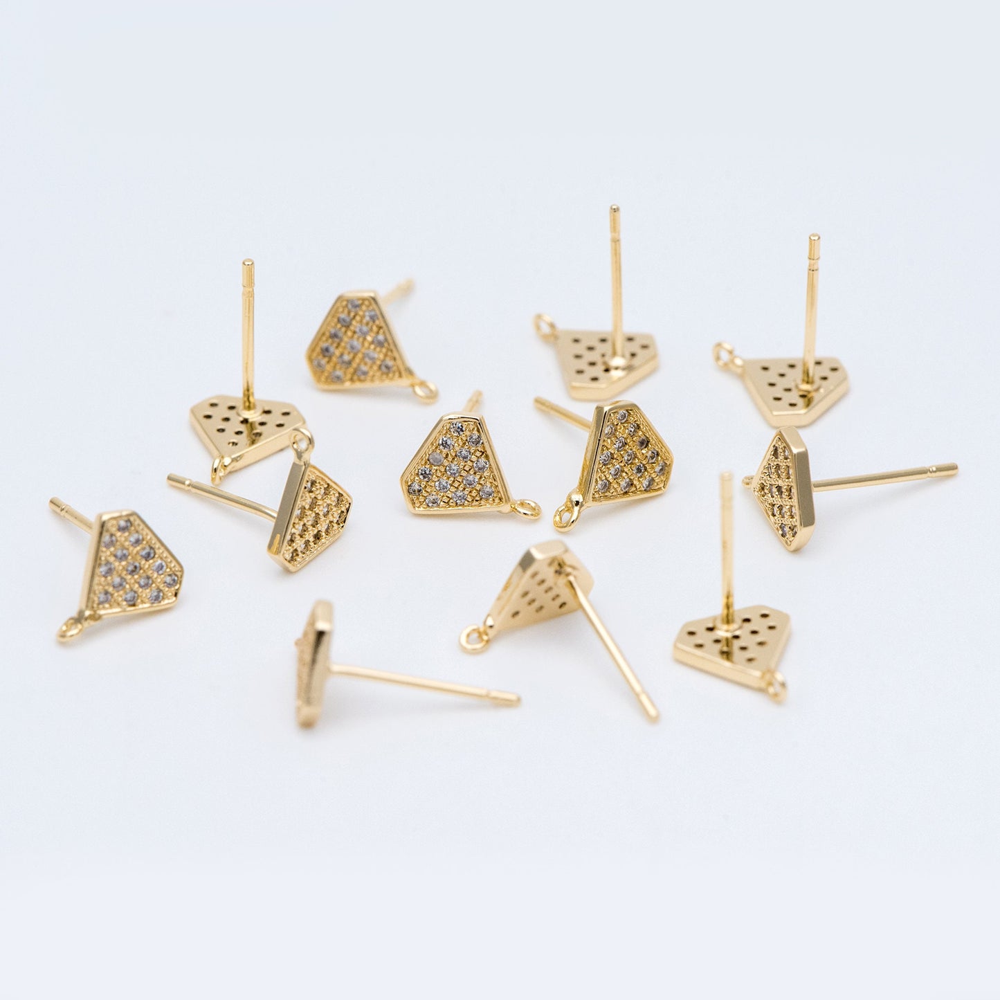 10pcs CZ pave Stud Earrings with Loop 9x6mm, Gold plated Brass "Diamond" Ear Posts (#GB-770)