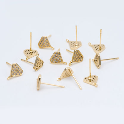10pcs CZ pave Stud Earrings with Loop 9x6mm, Gold plated Brass "Diamond" Ear Posts (#GB-770)