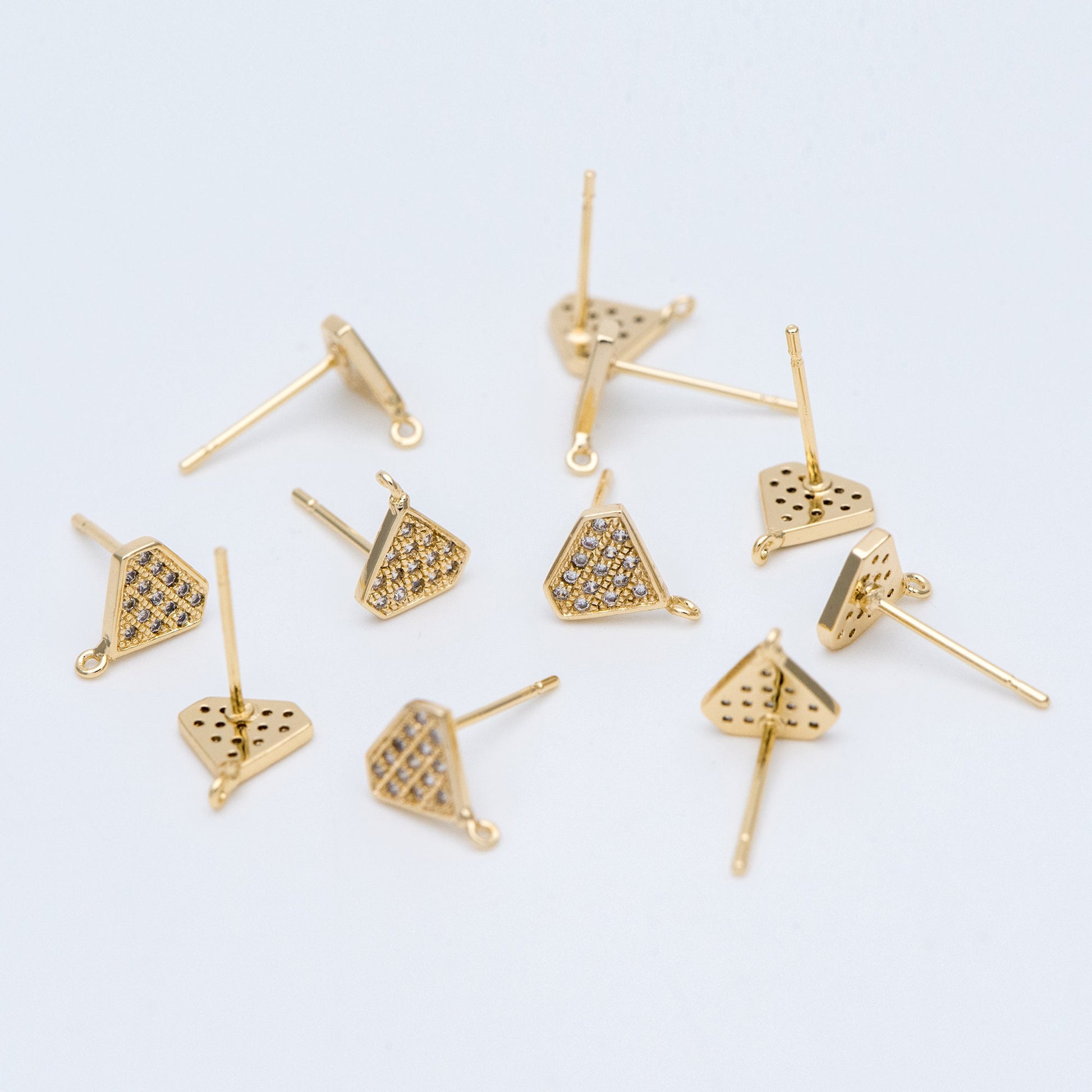 10pcs CZ pave Stud Earrings with Loop 9x6mm, Gold plated Brass "Diamond" Ear Posts (#GB-770)