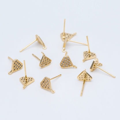 10pcs CZ pave Stud Earrings with Loop 9x6mm, Gold plated Brass "Diamond" Ear Posts (#GB-770)