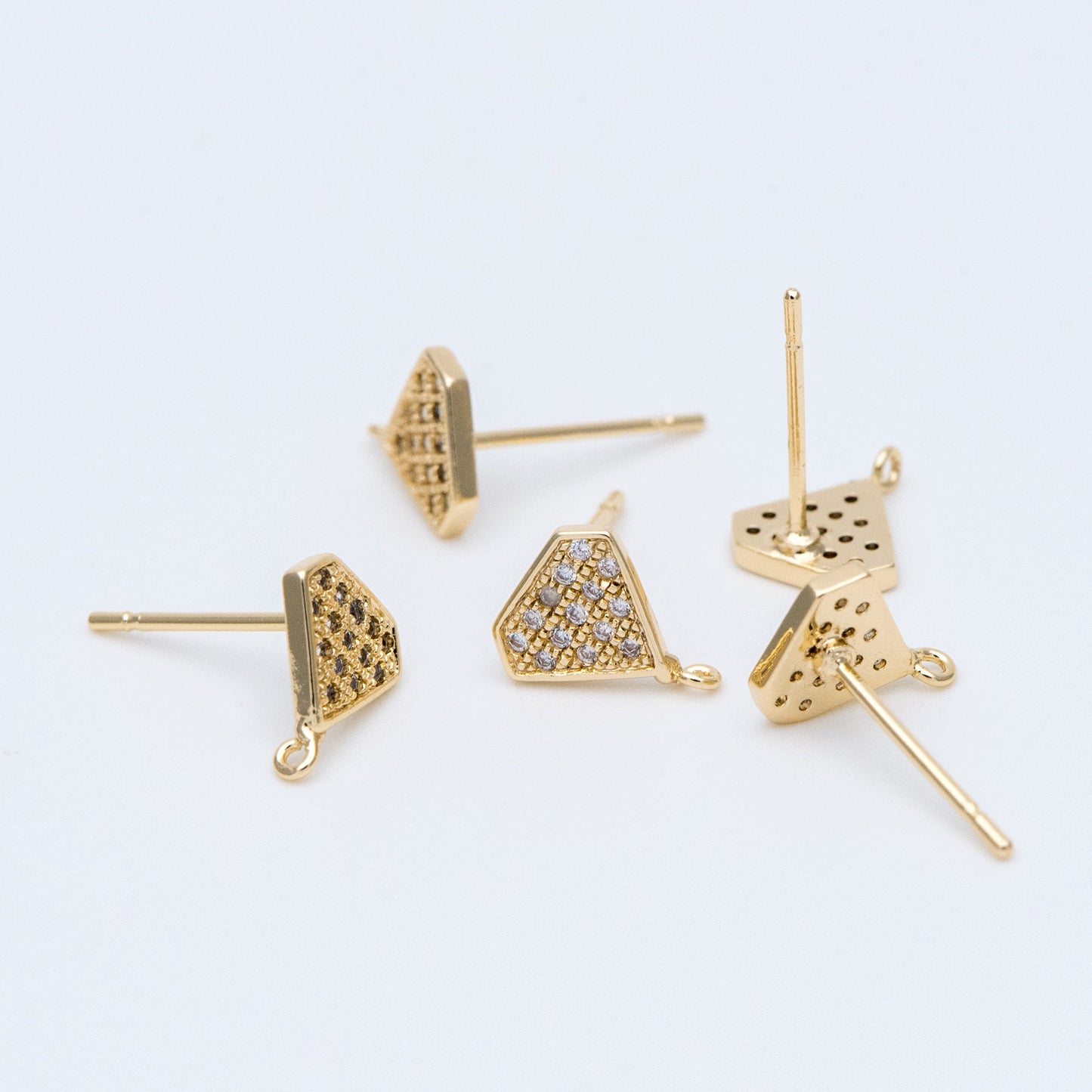 10pcs CZ pave Stud Earrings with Loop 9x6mm, Gold plated Brass "Diamond" Ear Posts (#GB-770)