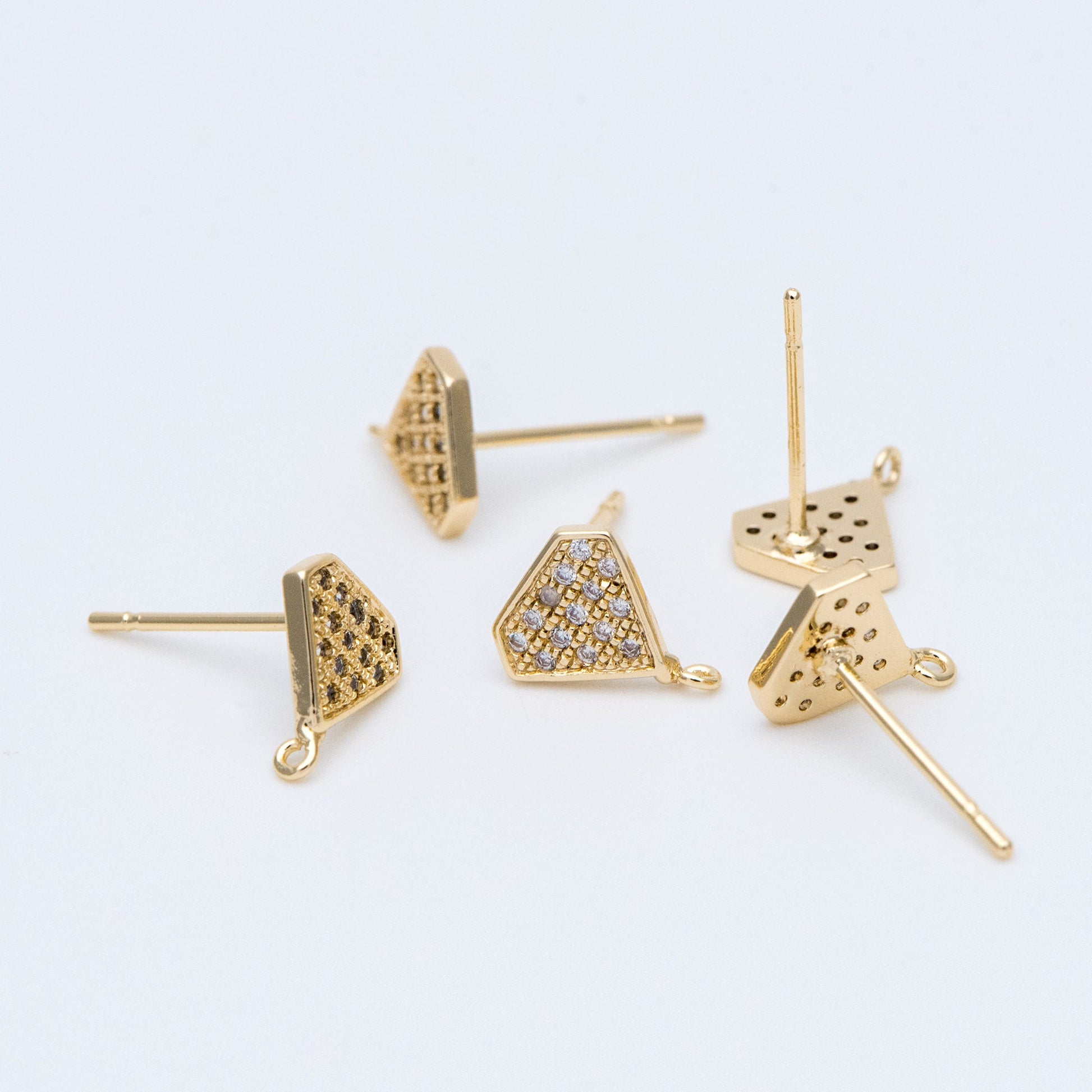 10pcs CZ pave Stud Earrings with Loop 9x6mm, Gold plated Brass "Diamond" Ear Posts (#GB-770)