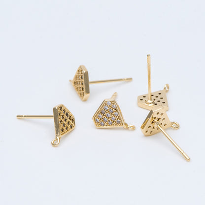 10pcs CZ pave Stud Earrings with Loop 9x6mm, Gold plated Brass "Diamond" Ear Posts (#GB-770)