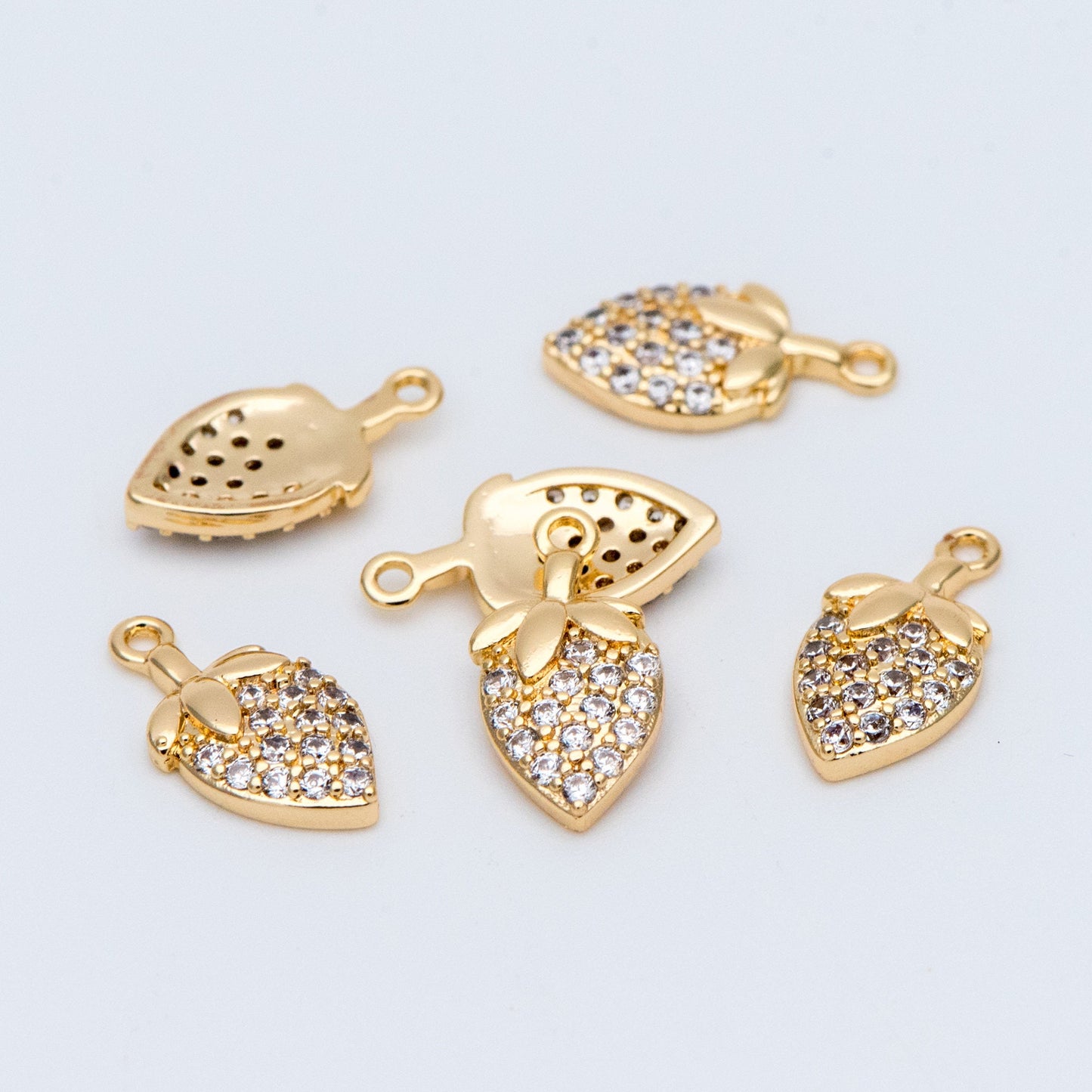 4pcs CZ Pave Gold/ Silver Tone Strawberry Charm Pendants 12x6mm, 18K Gold/ rhodium plated on Brass (GB-769)